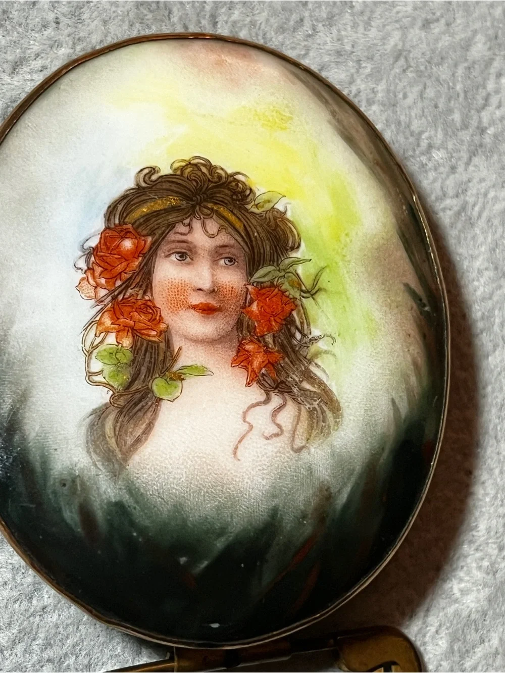 Vtg porcelain Painted Cameo Limoges Brooch Victorian Edwardian 2.75” Ribbon Clip